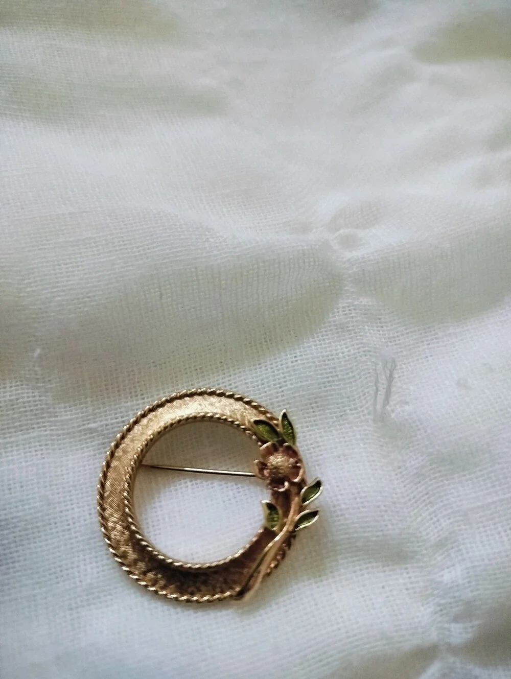2 Vintage Floral Brooches | Gold-Tone Circle Wreath Pin & Porcelain Heart Pin